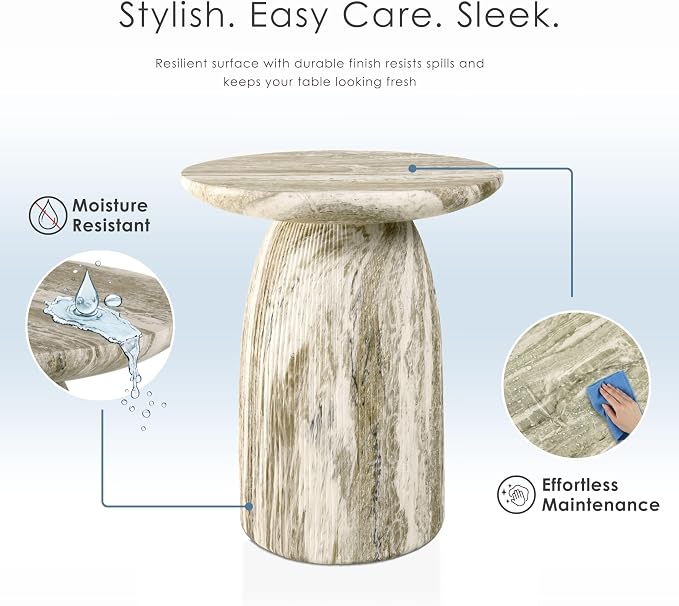 24/7 Shop at Home Ranera Modern 17-inch Natural Stone Side Table with Round Pedestal Base, Marble Nightstand, Fluted Patio End Table, for Living Room, Covered Outdoor Spaces, Balcony, Green Travertine