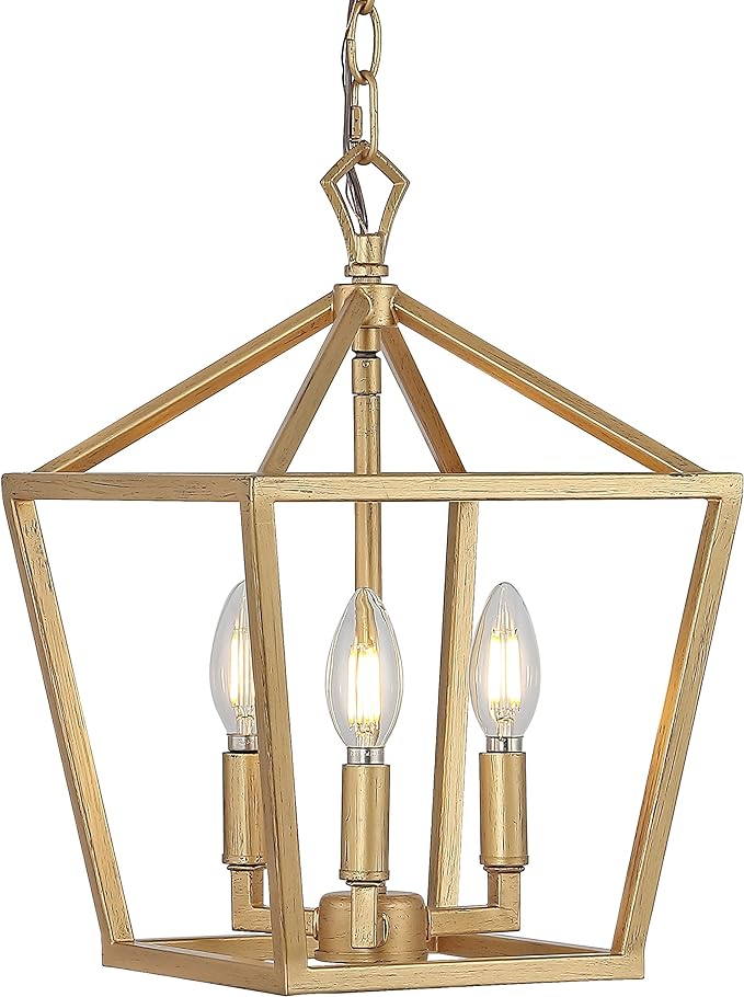 JONATHAN Y 10" Brass Gold 3-Light Pagoda LED Pendant Lantern, Classic Modern Farmhouse Chandelier for Kitchen Island, Dining Room, Entry, Foyer, Rustic Iron Frame (JYL7601B)