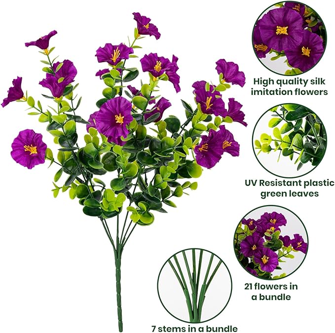 Nigirior Artificial Faux Flowers for Outdoor 16 Bundles Boxwood Fake Morning Glory for Planter,UV Resistant Fake Flowers for Home Porch Patio Outside（Fuchsia）