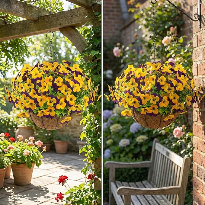 lovemoon 2 Set Artificial Outdoor Pansies Flowers with Hanging Baskets, 2 Hanging Planters with 24 Pcs Silk Pansy Flowers for Spring Easter Decorations Porch Patio Home Decor (2, Purple, Yellow)