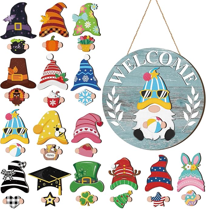 Qunclay Interchangeable Wooden Gnome Decor Holiday Seasonal Gnome Decorations with Magnet Pieces and Detachable Hats Changeable Welcome Sign for Home(Blue Style)