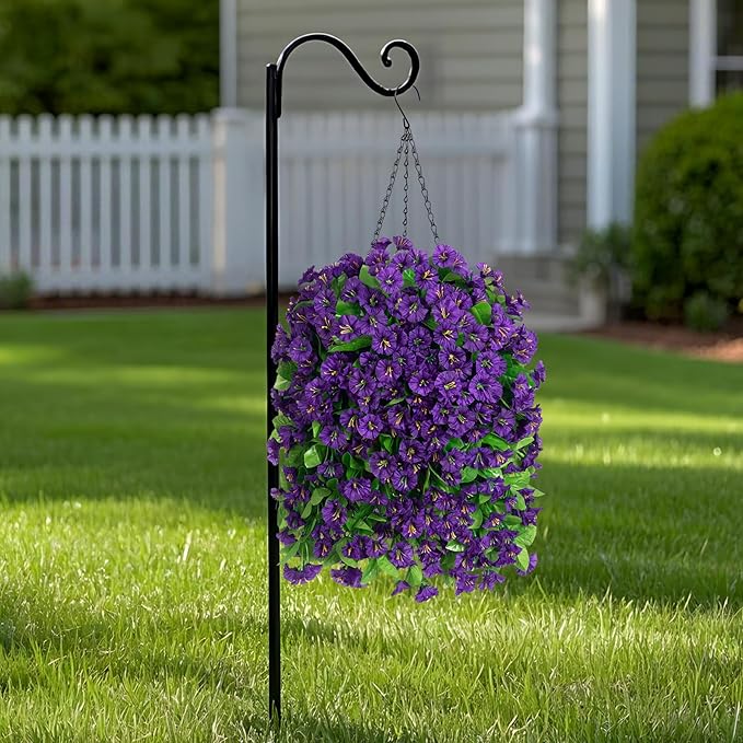 Ammyoo Artificial Faux Hanging Flowers Basket for Spring Summer Outdoor Porch Decor, Fake Silk Colorful Morning Glory Eucalyptus in Planter UV Resistant Look Real for Home Balcony Yard(Dark Purple)