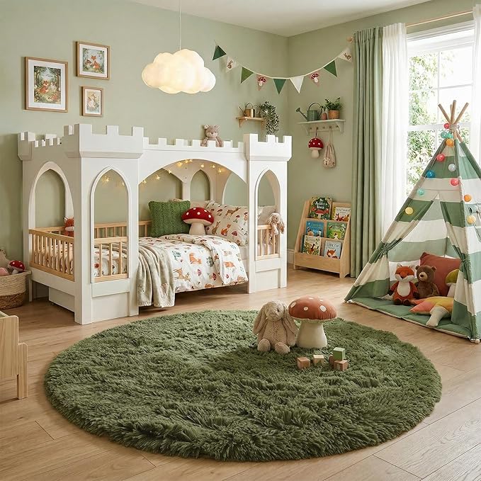 Amdrebio Olive Green Round Rug 5Ft for Living Room Bedroom, Fluffy Shaggy Modern Circle Area Rugs for Kids Room, Soft Plush Fuzzy Shag Carpet for Playroom Office Dorm Nursery Classroom, Home Decor