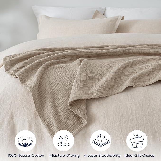 PHF 100% Cotton Muslin Throw Blanket 50" x 60", 4-Layer Lightweight Gauze Throw, Breathable Cloud-Soft Minimalist Blanket for Bed, Couch, Camping, Taupe, Ideal Gift