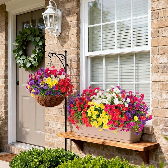 Hrobek Artificial Flowers for Outdoors, 12 Bundles Fake Plastic Petunias Flower Plant, Faux UV Resistant Silk Morning Glory for Outside Planter Garden Front Porch Door Spring Summer Decor