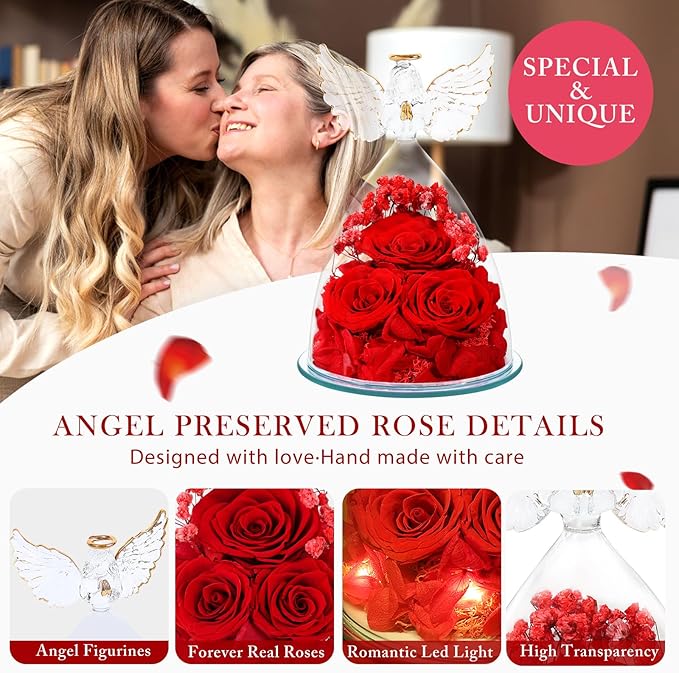 Flowers for Delivery Birthday Gifts for Women Gifts for Mom Grandma Mothers Day Fresh Preserved Flowers Forever Real Roses in Glass Angel Figurines Anniversary Present for Wife Her Friends Daughter