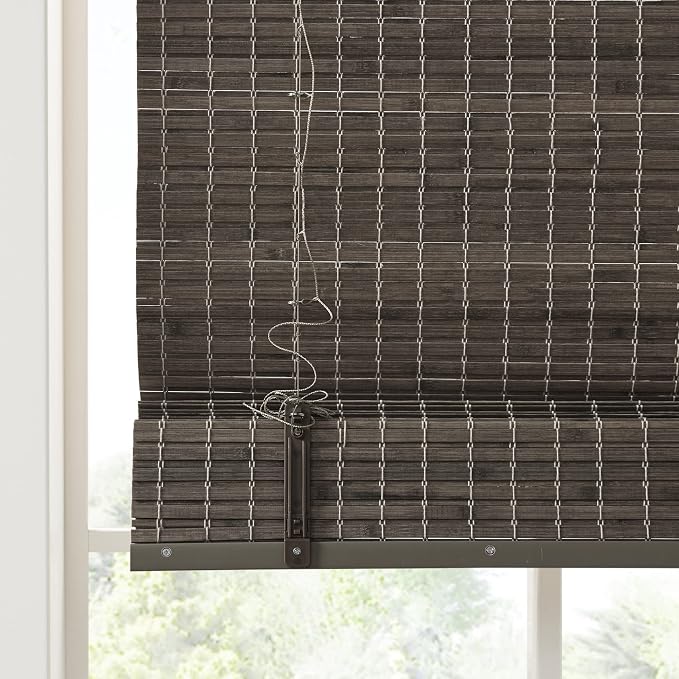 Madison Park Eastfield 100% Bamboo Cordless Roman Shades-Woven Wooden Privacy Panel, Light Filtering Easy Installation Window Blind Treatment, Bedroom, Living Room Decor, 29" W x 64" L, Grey Ash