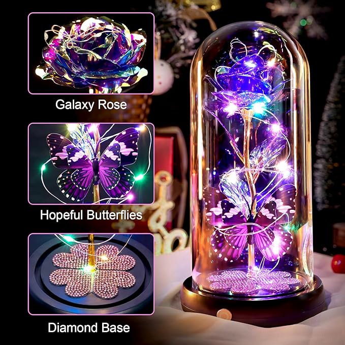 Mothers Day Rose Gifts for Mom Birthday Gift for Women, Rechargeable Galaxy Glass Rose in Glass Dome Crystal Roses Butterfly Mother's Day Flowers Gifts for Women Mom Wife Grandma Daughter, Purple