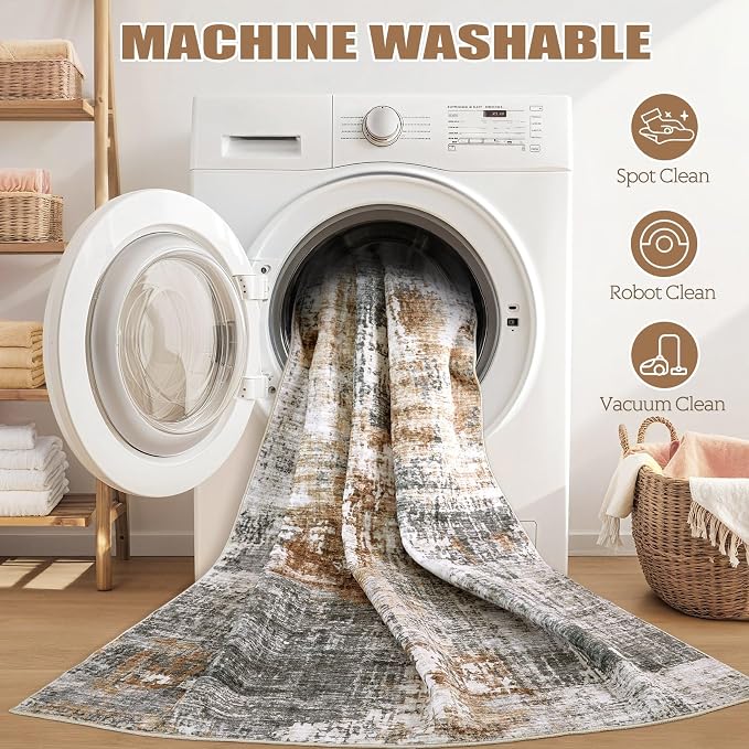 DMOYEST Area Rug Living Room Rugs - 4x6 Abstract Small Soft Indoor Washable Rug Neutral Modern Low Pile Carpet for Bedroom Dining Room Farmhouse Home Office - Grey Brown