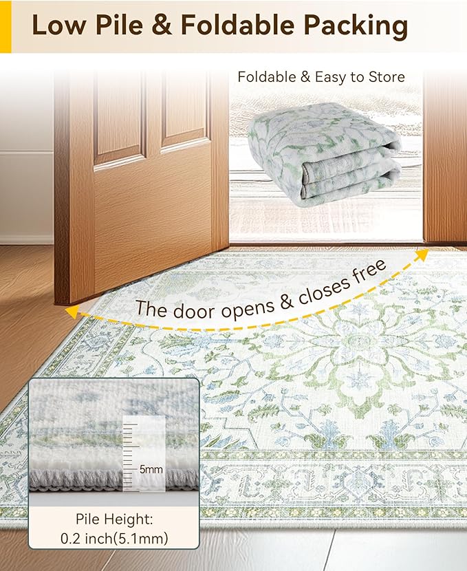 RELEANY Area Rugs 7'x10' Washable Non-Slip, Floral Vintage Distress Print Pattern Medallion Carpet for Living Room Bedroom Dining Room, Green White Blue