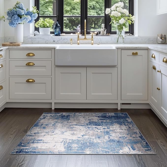RELEANY Washable Area Rugs 3'x5' Non-Slip Modern Abstract Soft for Living Room Entryway Bedroom Nursery, Print Pattern, Blue Grey Navy Gray
