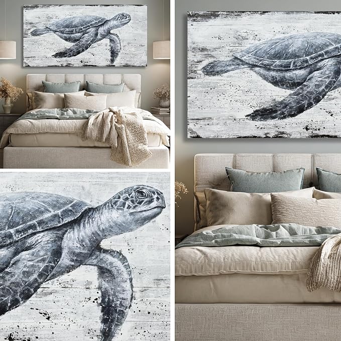 Hue7Art Marine Life Turtle Wall Art Canvas Ocean Wildlife Illustration, Retro Coastal Style Painting for Living Room Bedroom Bathroom Seaside Wall Decoration 29x58 Inch