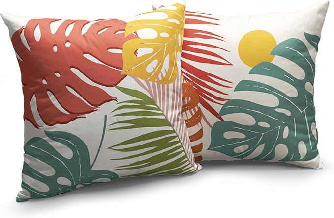 Summer Tropical Leaves Throw Pillow Covers Palm Banana Leaf Pillow Covers 20x20 Abstract Sun and Monstera Leaf Cushion Case Set of 2 for Sofa Patio Indoor Outdoor Decor