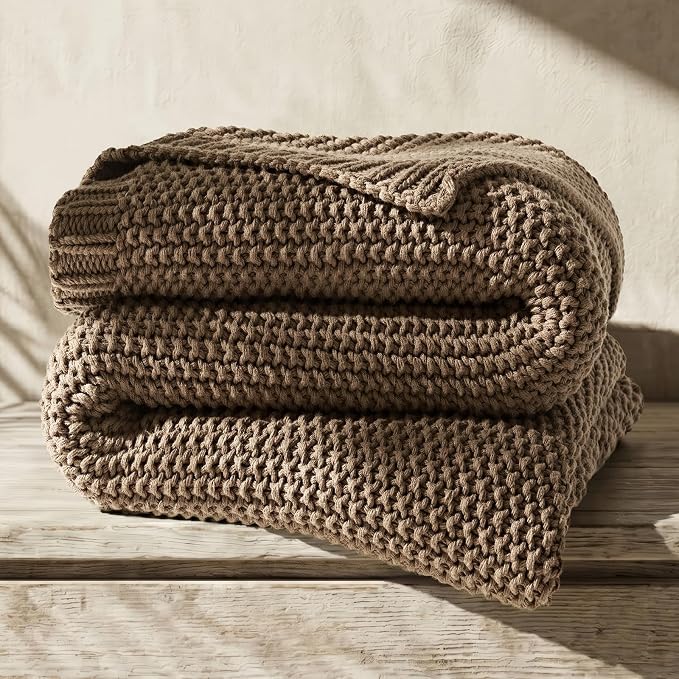 EverGrace Organic Cotton Chunky Knit Throw Blanket, 60 x 80 Stone Taupe | OCS Certified Organic Cotton, Seed Stitch Knit, Soft & Breathable, Cozy Midweight, Decorative Throw for Couch, Bed & Sofa