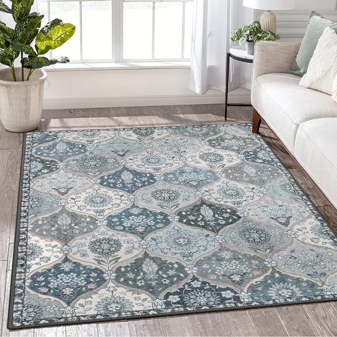 Lahome Moroccan Machine Washable Area Rugs, 4x6 Rug for Living Room Bedroom, Soft Non-Slip Rug Vintage Trellis Ultra-Thin Throw Carpet for Dining Room Office Elise, Blue