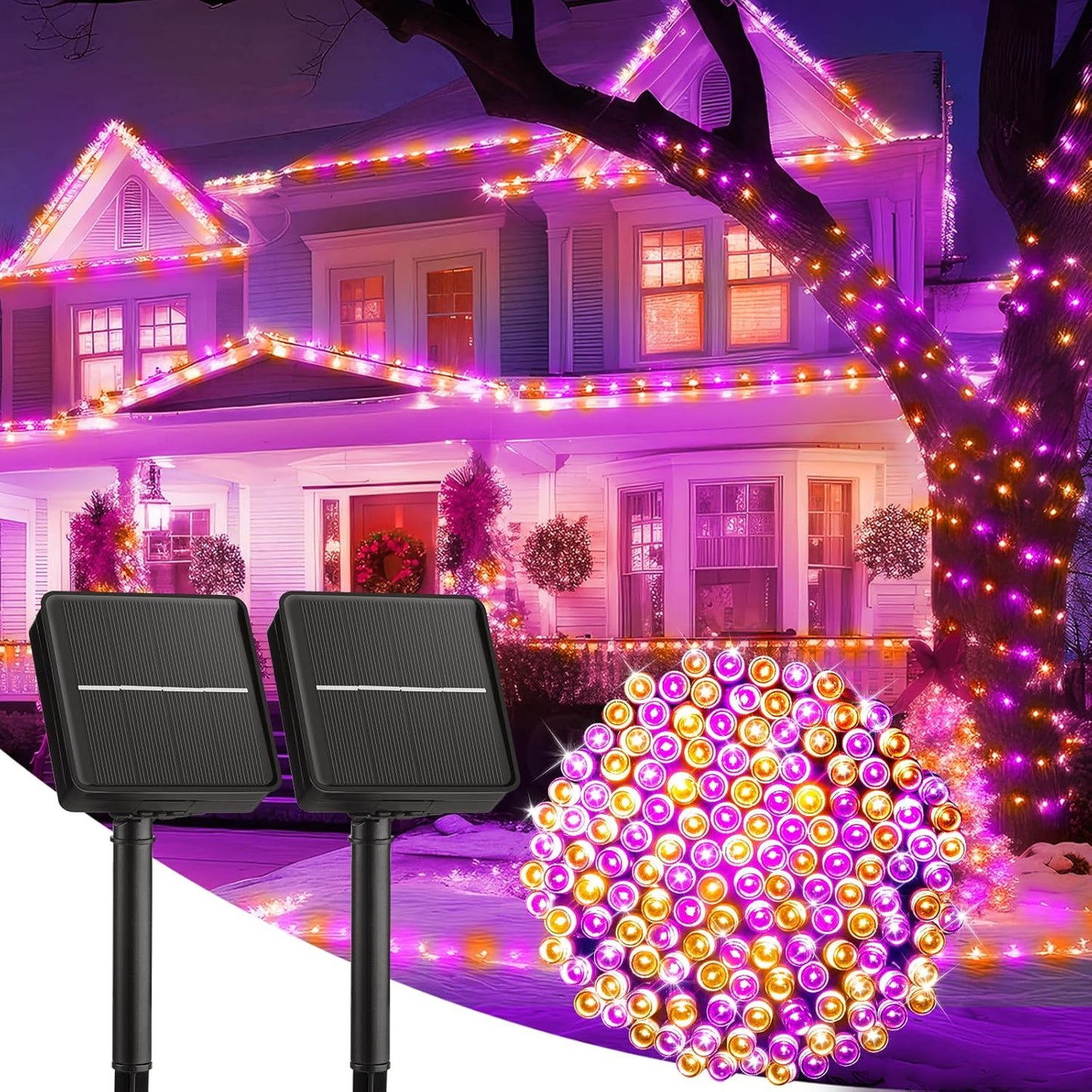 Brightown 2 Pack Halloween Solar String Lights Outdoor, Total 144Ft 400 LED Solar Lights Outdoor Waterproof with 8 Modes for Patio Tree Garden Party Decorations (Orange&Purple)