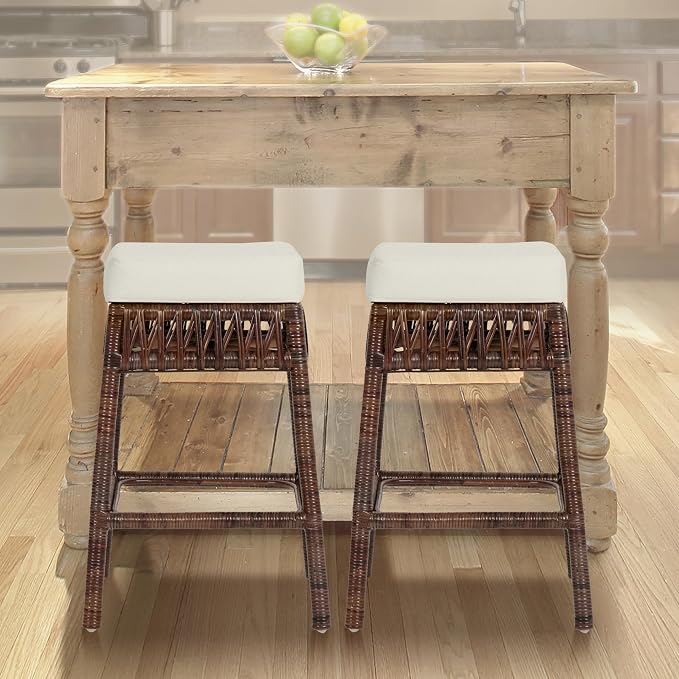 JONATHAN Y Bali 25.6" Woven Rattan Backless Counter Stool with Cushion, Bohemian Dark Brown Stool with Footrest for Kitchen Island, Home Bar, and Dining Room CSL1100A