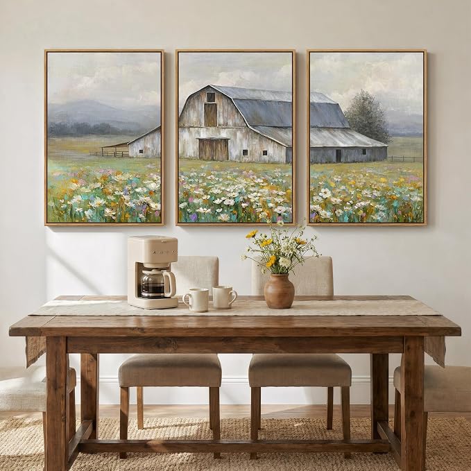 Framed Farmhouse Landscape Wall Art for Living Room, Set of 3 Colorful Floral Barn Large Canvas Prints, Rustic Country Wall Decor for Bedroom Dining Room Hallway 20x30 Inch