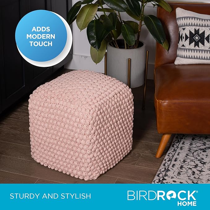 BIRDROCK HOME Square Pouf Ottoman Foot Rest - 18” Compact Comfortable Soft Cotton Knit Bean Bag Floor - Chair Foot Stool Seat for Living Room, Bedroom, or Kids Room (Dusty Rose Pink Bud)