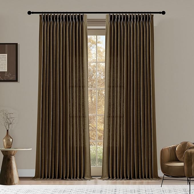 Dark Chocolate Pinch Pleated Linen Curtains 96 Inches Long for Living Room, Light Filtering Pleat Drapes Textured Thick Ceiling Semi-Sheer Window Curtain with Hooks for Bedroom Balcony, 2 Panels