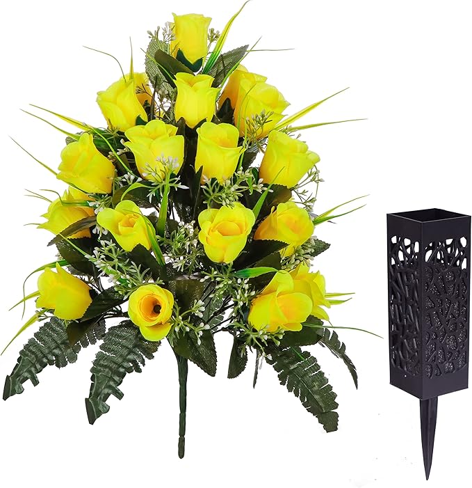 LVXINLI 2 Sets Artificial Cemetery Flowers,Outdoor Grave Decorations Roses,Beautiful Arrangements Bouquet with Cemetery Vase,Lasting and Non-Bleed Colors (Yellow)