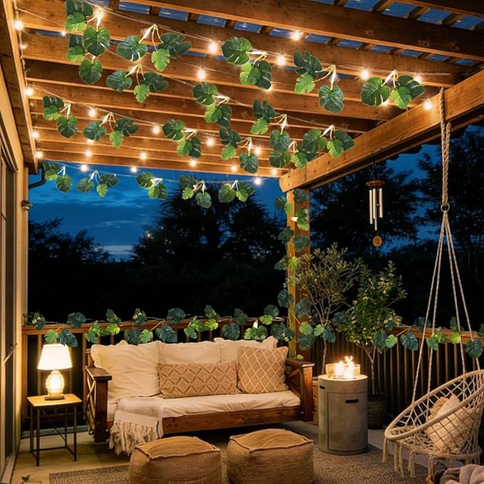 RECUTMS Monstera Leaves String Lights 1P 20LEDs Artificial Tropical Palm Leaf Battery Operated Hanging Rattan Light Faux Greenery Vines for Hawaiian Party Luau Jungle Beach Summer Indoor Outdoor Decor