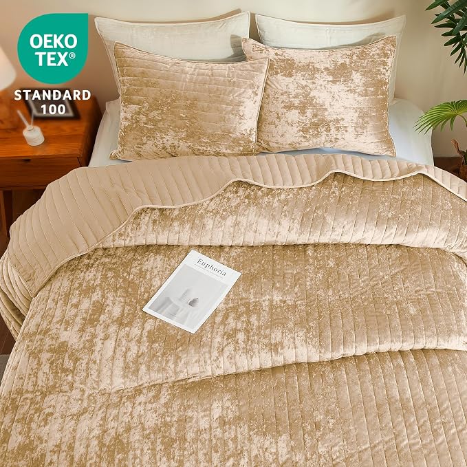 Luxury Soft Velvet Quilt Set Queen Size - Lightweight Velvet Bedding Set for All Season, Oversized Bedspread Coverlet Comforter Set with 2 Pillow Shams, Beige Brown, Striped