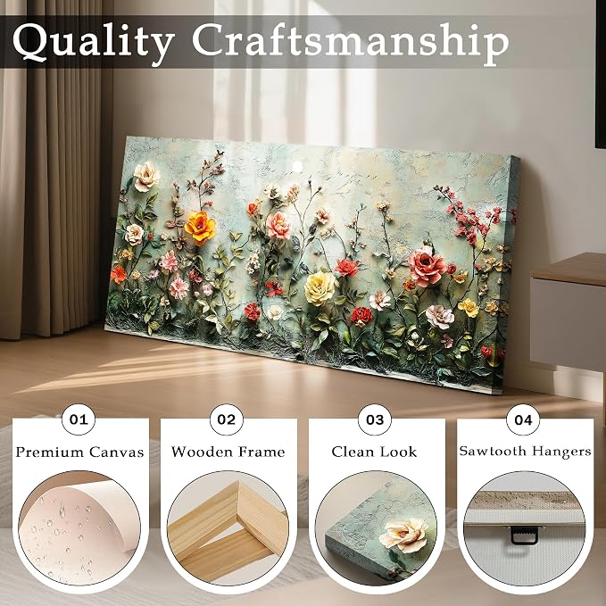 imjiayu Flower Wall Art, Large Wall Art, Floral Wall Decor, Vintage Rose Canvas Picture, Nature Botanical Prints Country Decor, Green Grey Paintings for Living Room Bedroom Dining Room Hallway 24x48