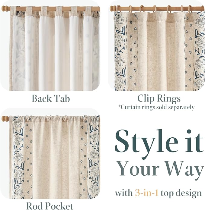 jinchan Winslow Lined Linen Curtains for Bedroom 63 Inches Linen Blended Embroidered Bordered Floral Curtains for Living Room Farmhouse Decor Window Treatments Blue on Beige Drapes 2 Panels