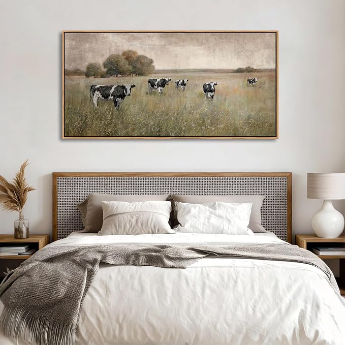 YDYSUNE Cow Pasture Canvas Wall Art - Rustic Beige Black Textured Grazing Cows Print, Vintage Farm Animal Landscape Decor for Country Home Kitchen Living Room Bedroom Framed 20×40 Inch