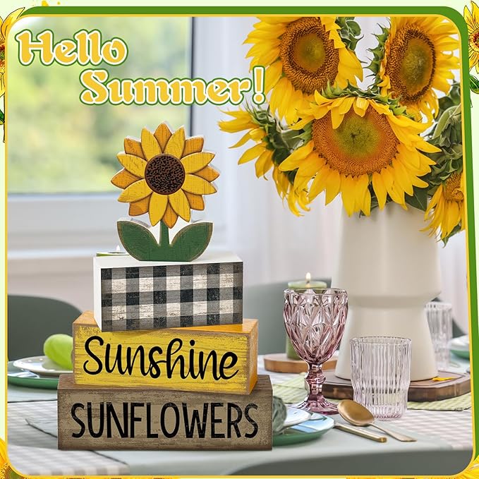 Yuntau 4 Pcs Sunflower Decorations Sunflower Wooden Sign Sunshine Table Centerpiece Summer Tiered Tray Decor Decorative Faux Book Stack Block for Coffee Table Fireplace Mantel Floating Shelf