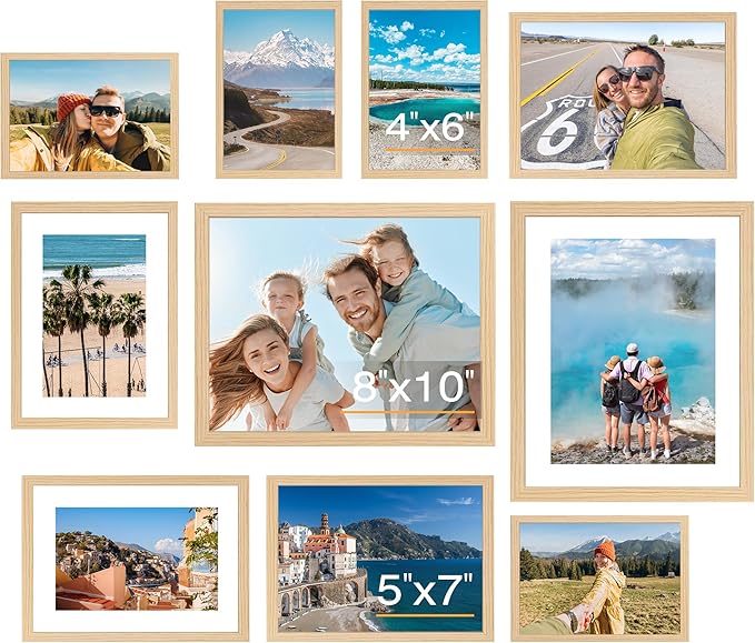 FIXSMITH 10 Pack Natural Picture Frames Collage Wall Decor for Mounting or Tabletop Display, Gallery Wall Frame Set with Two 8x10 Natural Frames, Four 5x7 and Four 4x6 Frames, Multi-Pack Photo Frame Set