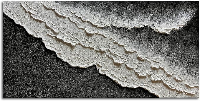 zoinart Hand Painted Large Textured Wall Art, 60x30 Inches Abstract Modern Ocean Wave Paintings, Black and White Beach Wall Art for Living Room Bedroom Wall Decor