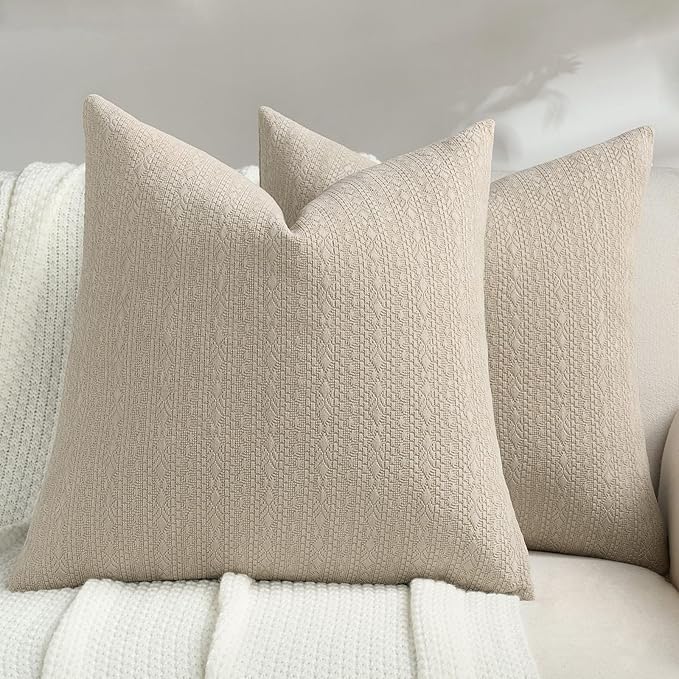 FUTEI Oatmeal Chenille Throw Pillow Covers 18x18 Inch Set of 2,Soft Striped & Diamond Textured Cushion Cases,Modern Home Decor for Couch Living Room