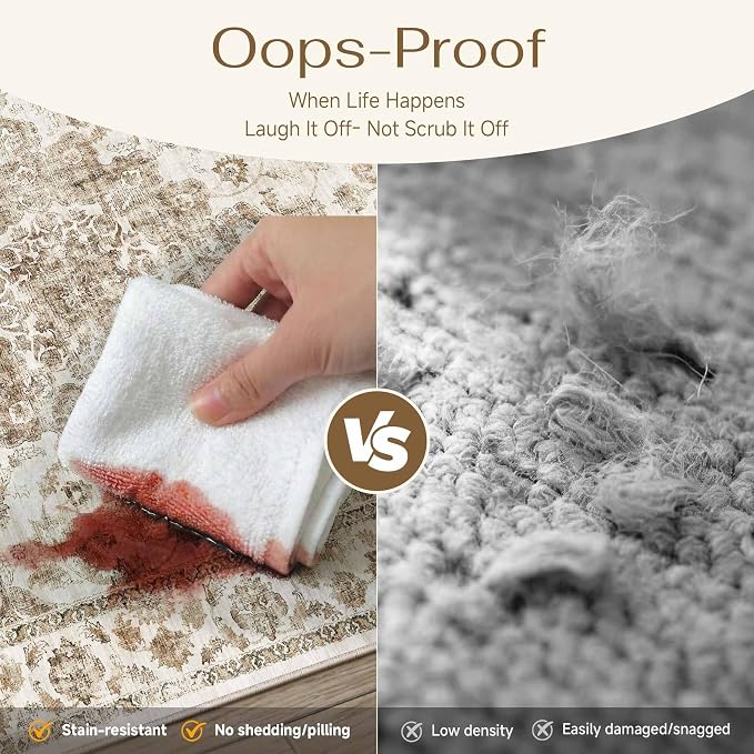 5x7 Washable Neutral Area Rug Brown Vintage Living Room Bedroom Carpet Non-Slip Soft Low Pile Farmhouse Indoor Throw Rug for Dining Room Entryway Office