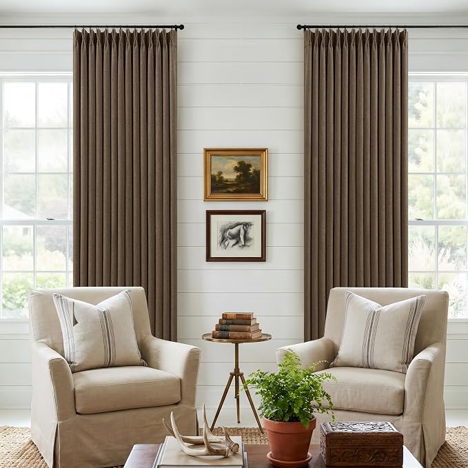 Pleated Blackout Brown Curtains 96 Inches Long 2 Panels Set for Bedroom Living Room Darkening Linen Blend Back Tab Pinch Pleat Memory Shape with Liner Soundproof 96 Inch Window Curtains Dutch Cocoa