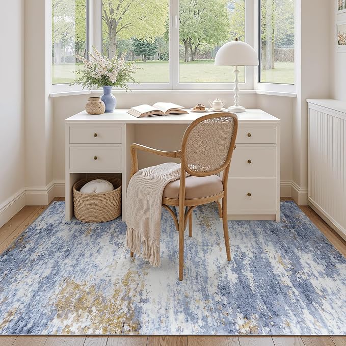 Lofus 5x7 Area Rug for Living Room, Abstract Rugs with Non-Slip Backing, Neutral Modern Washable Carpet for Bedroom Dining Room Home Office Nursery Indoor,Light Blue/Brown