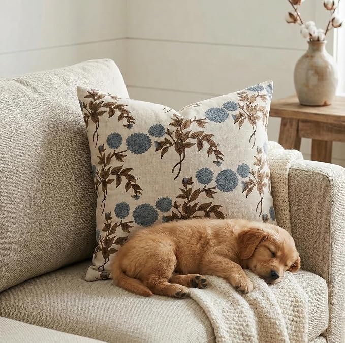 Linen Blue Throw Pillow Covers 20x20 inch Floral Pillows Spring Decorative Pillow Covers for Living Room Bedroom