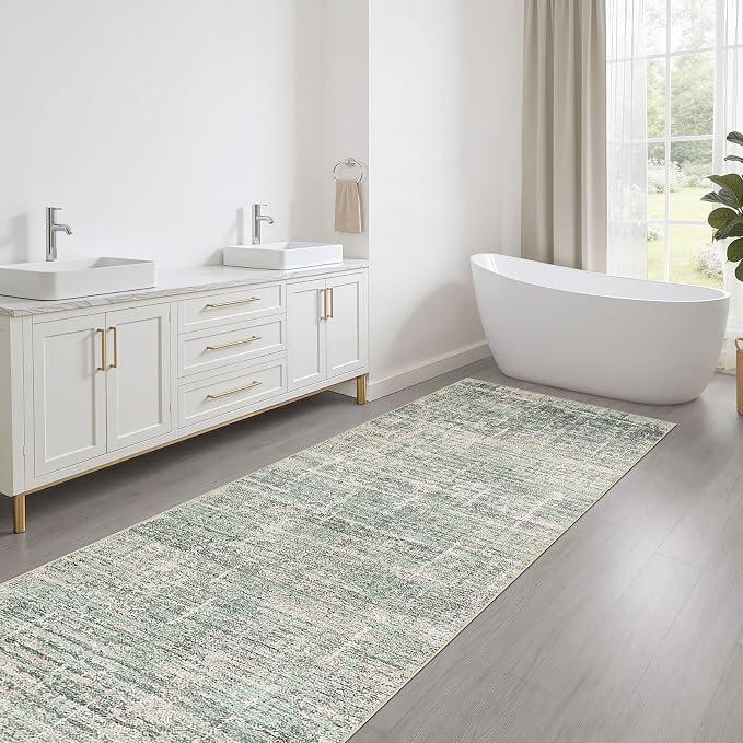 Runner Rug Non-Slip Kitchen Rug: 3x10 Washable Abstract Modern Soft Stain Resistant Indoor Floor Neutral Accent Throw Carpet for Hallway Bathroom Laundry Room Bedroom Entryway- Green