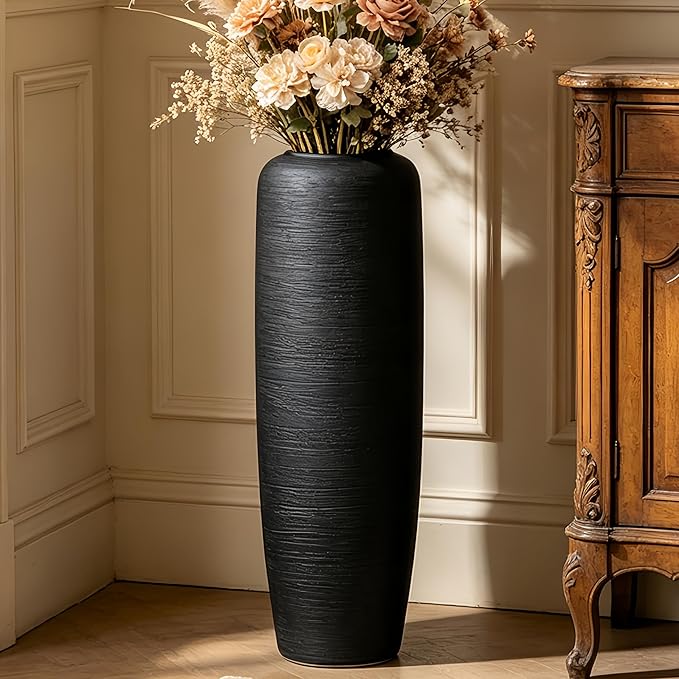 Black Rustic Ceramic Farmhouse Tall Floor Vase,23.6 Inch Vintage Large Vases Pottery Clay Terracotta Rustic Vase for Home Decor Living Room Entryway Table Centerpieces,Kitchen,Housewarming Gifts