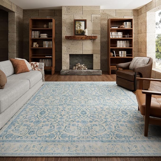 Washable Rugs for Living Room: 8x10 Area Rugs for Bedroom Ultra Soft Non-Slip Low Pile Vintage Boho Large Carpet for High-Traffic Dining Room - Farmhouse Decor
