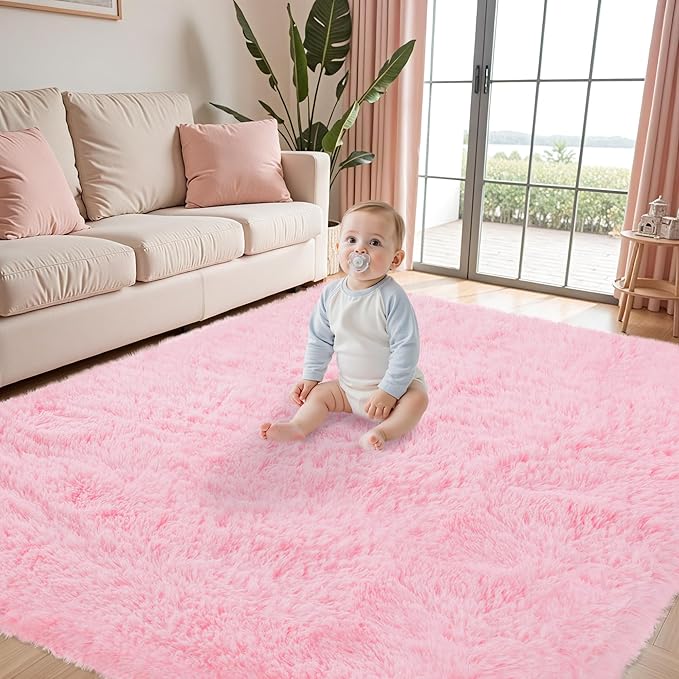 Fluffy Pink Area Rug for Bedroom Living Room Soft 8x10 Fuzzy Washable Rugs Non-Shedding Indoor Plush Rug for Nursery Kids Room Dorm Room Home Decor, High Pile Shaggy Floor Carpets(Pink 8'x10')