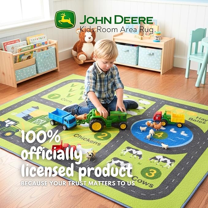 John Deere Interactive Play Area Rug, 69 x 52 Inch Large Kids Farm Playmat with Tractor & Animals, Non-Slip Backing for Bedroom & Playroom (100% Officially Licensed Product) by Franco