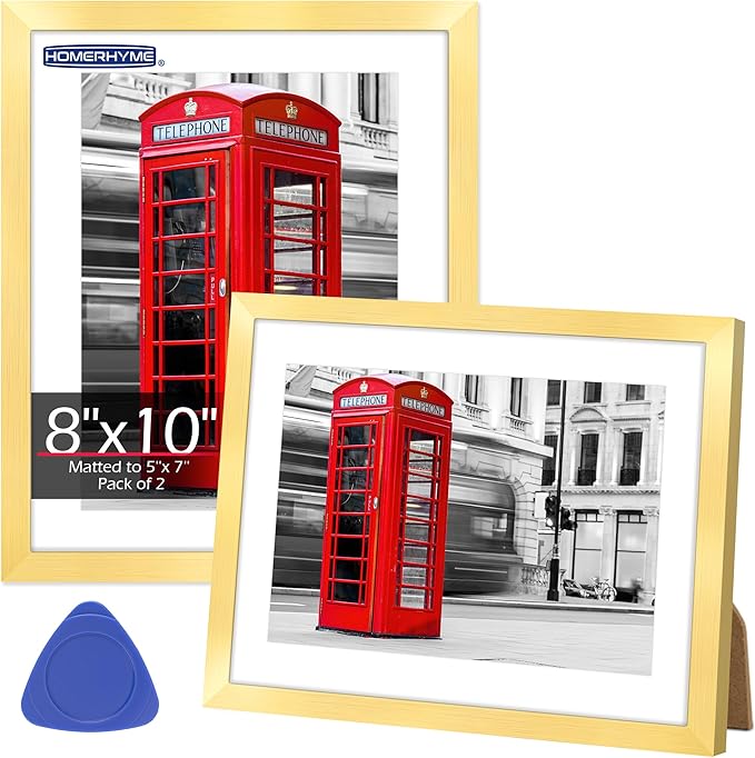 8x10 Picture Frame Set of 2, Gold Photo Frame for Tabletop or Wall Display, Display Pictures 5x7 with Mat or 8x10 Without Mat, Frame Collage with HD Plexiglass for Gallery Wall Home Decor