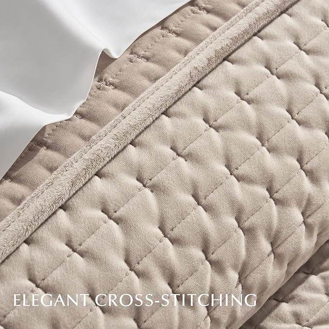 EverGrace Luxury Velvet Quilt Set King Size 3 Piece, Soft Cross-Stitch Velvet Comforter Set with Pillow Shams, Lightweight Coverlet Bedspread Bedding Set for All Seasons, Light Taupe