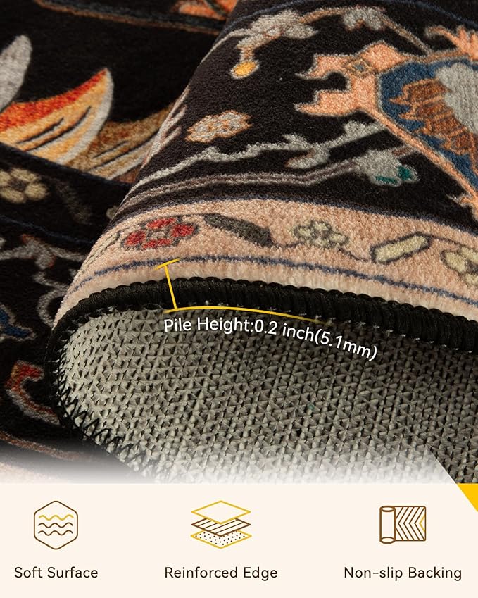 RELEANY Area Rugs 7ft Washable Non-Slip, Floral Vintage Distress Print Pattern Medallion Carpet for Living Room Bedroom Dining Room, Black Colorful Floral Dark Tan