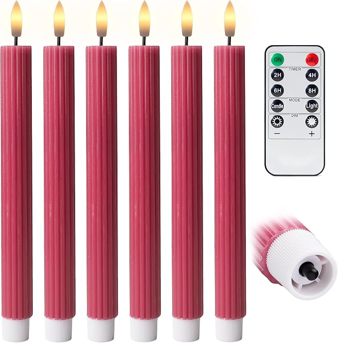 6 Pack, 10" LED Flameless Real Wax Pink Ribbed Taper Candles w/Remote Controller, On/Off Button, Dimmable, Flicker/Static Mode, Battery Operated, Holiday Christmas Menorah Wedding Decor