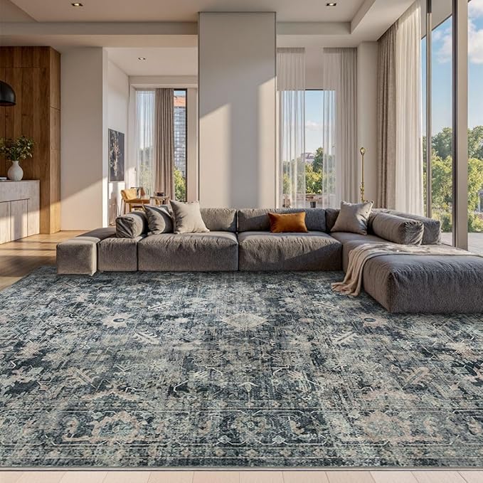 Rugxara 10x14 Area Rugs for Living Room Bedroom, Large Washable Rug, Blue Vintage Retro Boho Rug, Non Slip & Low Pile Faux Wool Thin Carpet for Indoor Dining Room and Kids Room(Blue 10x14ft)
