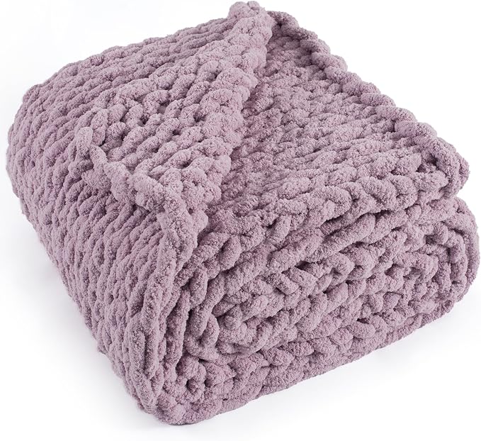 Chunky Knit Throw Blanket 50x60, 100% Handmade Chenille Yarn | 4.4lbs Soft Thick Cable Knitted Blankets, Large Rope Knot Crochet Throws for Couch Sofa Bed Machine Washable, Purple