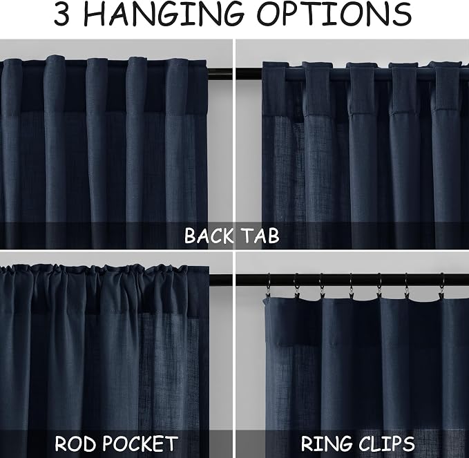 Navy Blue Linen Curtains 102 Inches Long for Living Room 2 Panel Set Back Tab Rod Pocket Indigo Semi Sheer Curtains Light Filtering Burlap Extra Long Drapes Farmhouse Decor for High Window 40x102